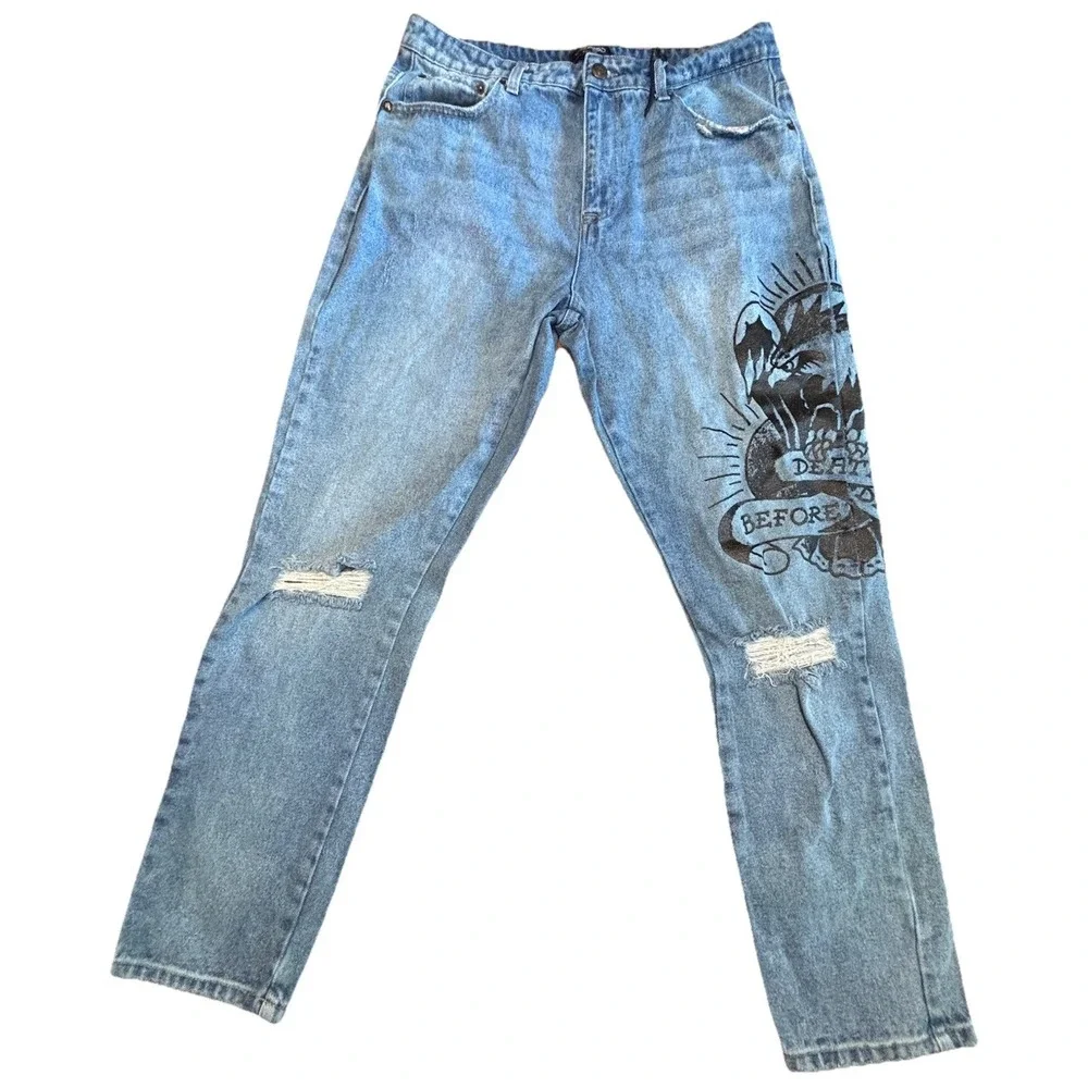 Vintage Y2K Ed Hardy‎ Jeans Denim Death Before Dishonor Distressed Size 34x30